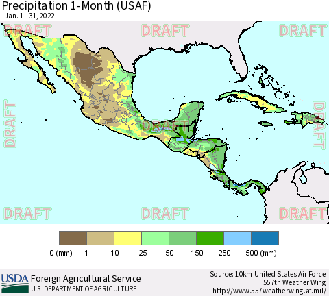 Mexico Central America and the Caribbean Precipitation 1-Month (USAF) Thematic Map For 1/1/2022 - 1/31/2022