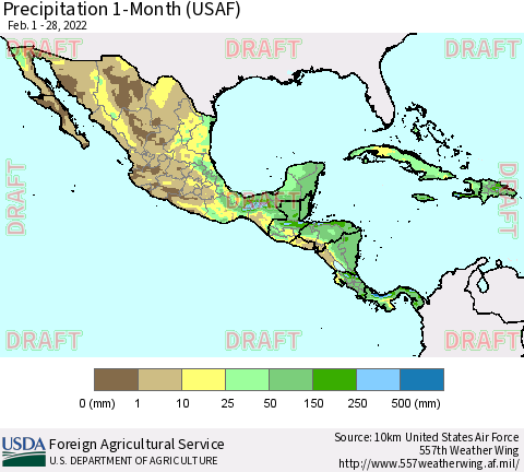 Mexico Central America and the Caribbean Precipitation 1-Month (USAF) Thematic Map For 2/1/2022 - 2/28/2022