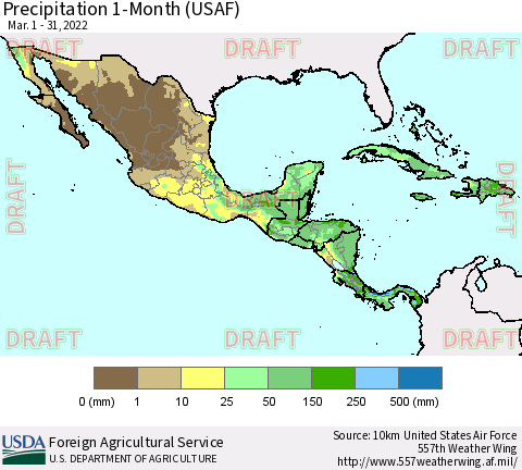 Mexico Central America and the Caribbean Precipitation 1-Month (USAF) Thematic Map For 3/1/2022 - 3/31/2022