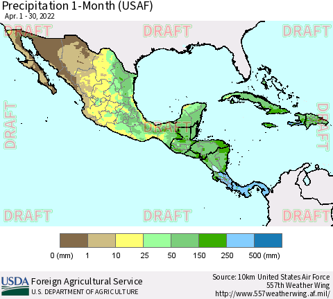 Mexico Central America and the Caribbean Precipitation 1-Month (USAF) Thematic Map For 4/1/2022 - 4/30/2022