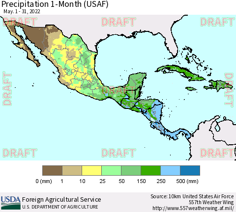 Mexico Central America and the Caribbean Precipitation 1-Month (USAF) Thematic Map For 5/1/2022 - 5/31/2022