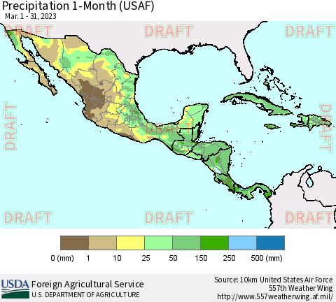 Mexico Central America and the Caribbean Precipitation 1-Month (USAF) Thematic Map For 3/1/2023 - 3/31/2023