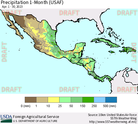 Mexico Central America and the Caribbean Precipitation 1-Month (USAF) Thematic Map For 4/1/2023 - 4/30/2023