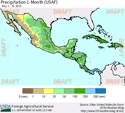 Mexico Central America and the Caribbean Precipitation 1-Month (USAF) Thematic Map For 5/1/2023 - 5/31/2023