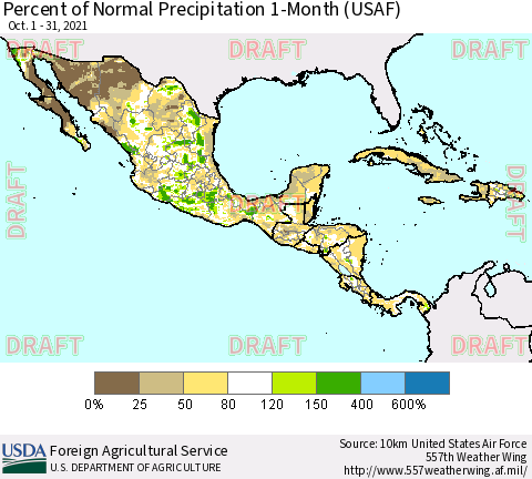 Mexico Central America and the Caribbean Percent of Normal Precipitation 1-Month (USAF) Thematic Map For 10/1/2021 - 10/31/2021
