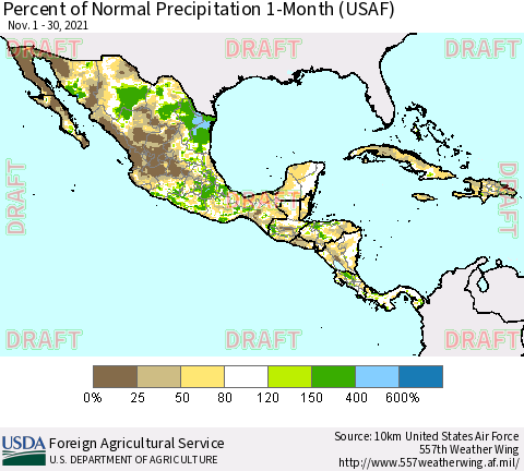 Mexico Central America and the Caribbean Percent of Normal Precipitation 1-Month (USAF) Thematic Map For 11/1/2021 - 11/30/2021