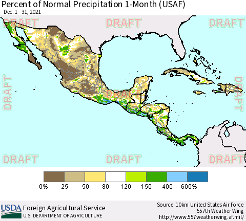 Mexico Central America and the Caribbean Percent of Normal Precipitation 1-Month (USAF) Thematic Map For 12/1/2021 - 12/31/2021