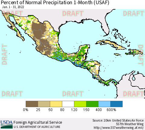 Mexico Central America and the Caribbean Percent of Normal Precipitation 1-Month (USAF) Thematic Map For 1/1/2022 - 1/31/2022