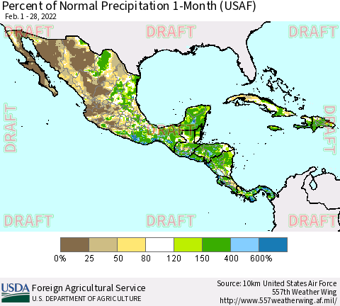 Mexico Central America and the Caribbean Percent of Normal Precipitation 1-Month (USAF) Thematic Map For 2/1/2022 - 2/28/2022