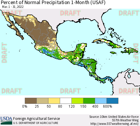 Mexico Central America and the Caribbean Percent of Normal Precipitation 1-Month (USAF) Thematic Map For 3/1/2022 - 3/31/2022