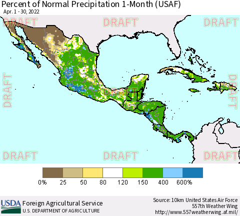 Mexico Central America and the Caribbean Percent of Normal Precipitation 1-Month (USAF) Thematic Map For 4/1/2022 - 4/30/2022