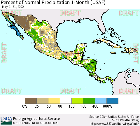 Mexico Central America and the Caribbean Percent of Normal Precipitation 1-Month (USAF) Thematic Map For 5/1/2022 - 5/31/2022