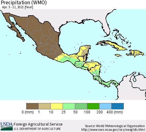 Mexico Central America and the Caribbean Precipitation (WMO) Thematic Map For 4/5/2021 - 4/11/2021