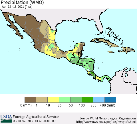 Mexico Central America and the Caribbean Precipitation (WMO) Thematic Map For 4/12/2021 - 4/18/2021