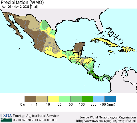 Mexico Central America and the Caribbean Precipitation (WMO) Thematic Map For 4/26/2021 - 5/2/2021