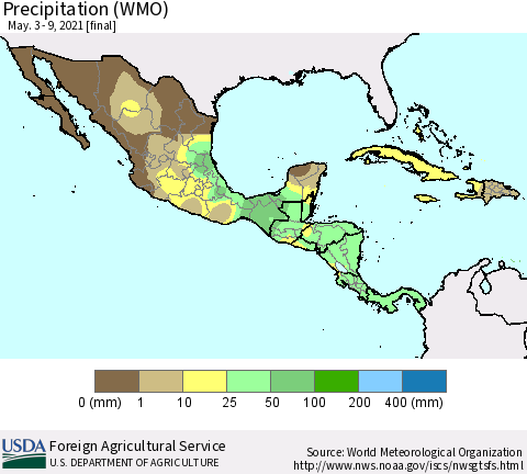 Mexico Central America and the Caribbean Precipitation (WMO) Thematic Map For 5/3/2021 - 5/9/2021