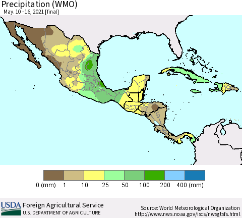Mexico Central America and the Caribbean Precipitation (WMO) Thematic Map For 5/10/2021 - 5/16/2021