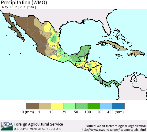 Mexico Central America and the Caribbean Precipitation (WMO) Thematic Map For 5/17/2021 - 5/23/2021