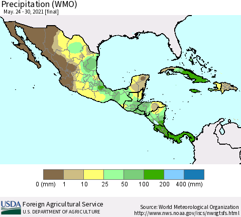 Mexico Central America and the Caribbean Precipitation (WMO) Thematic Map For 5/24/2021 - 5/30/2021