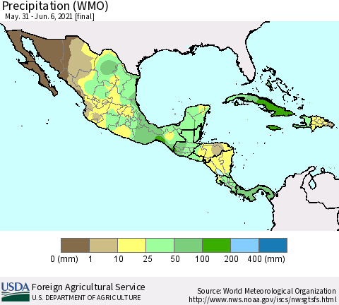 Mexico Central America and the Caribbean Precipitation (WMO) Thematic Map For 5/31/2021 - 6/6/2021