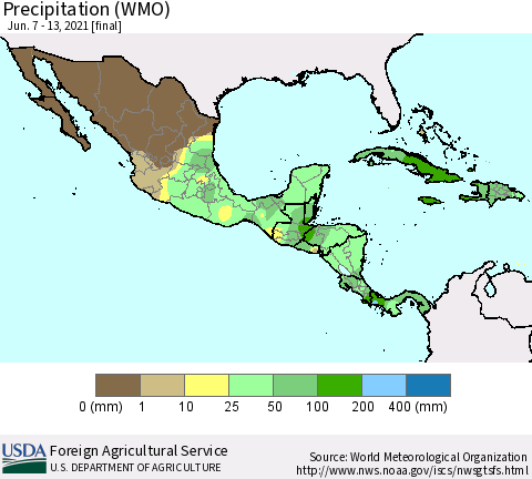 Mexico Central America and the Caribbean Precipitation (WMO) Thematic Map For 6/7/2021 - 6/13/2021