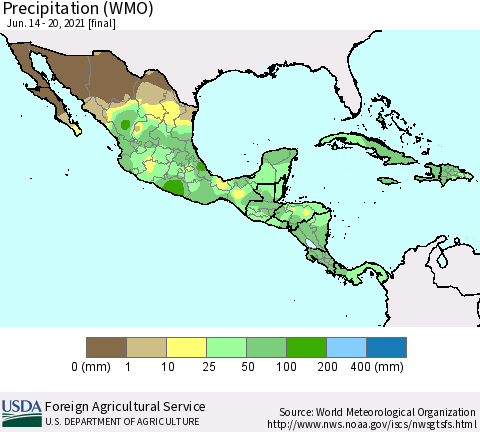Mexico Central America and the Caribbean Precipitation (WMO) Thematic Map For 6/14/2021 - 6/20/2021