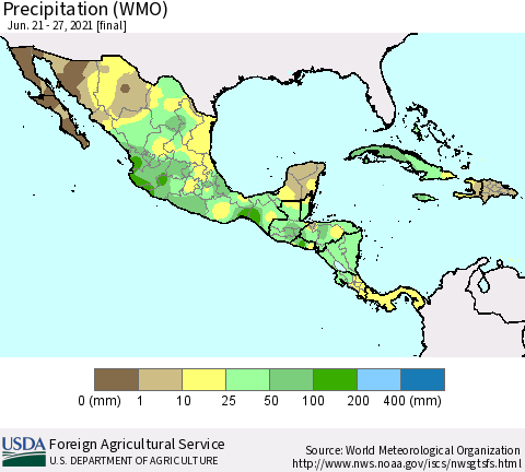 Mexico Central America and the Caribbean Precipitation (WMO) Thematic Map For 6/21/2021 - 6/27/2021
