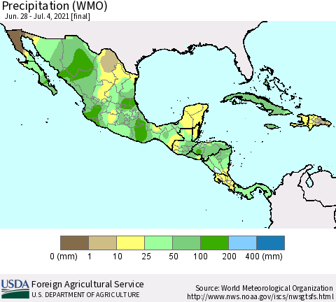 Mexico Central America and the Caribbean Precipitation (WMO) Thematic Map For 6/28/2021 - 7/4/2021