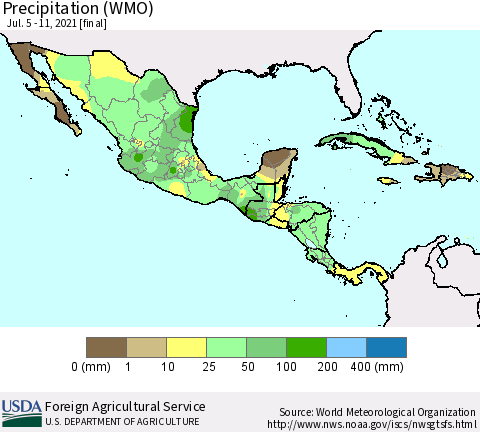 Mexico Central America and the Caribbean Precipitation (WMO) Thematic Map For 7/5/2021 - 7/11/2021