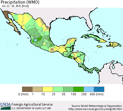 Mexico Central America and the Caribbean Precipitation (WMO) Thematic Map For 7/12/2021 - 7/18/2021