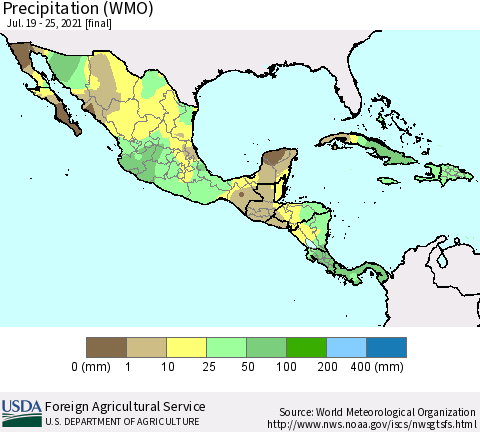 Mexico Central America and the Caribbean Precipitation (WMO) Thematic Map For 7/19/2021 - 7/25/2021