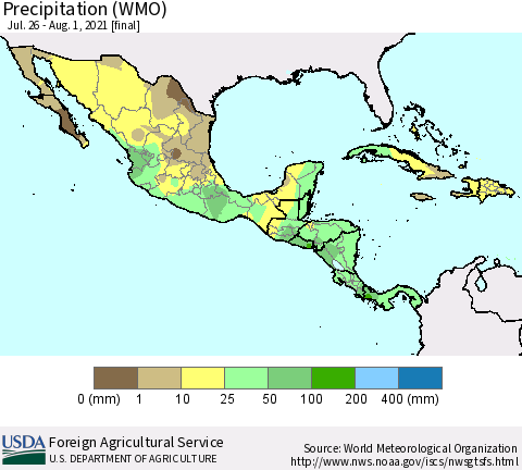 Mexico Central America and the Caribbean Precipitation (WMO) Thematic Map For 7/26/2021 - 8/1/2021