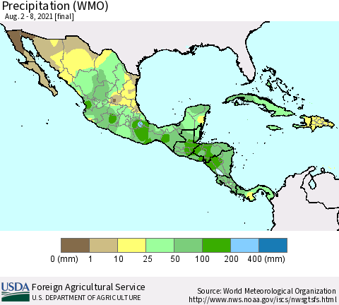 Mexico Central America and the Caribbean Precipitation (WMO) Thematic Map For 8/2/2021 - 8/8/2021