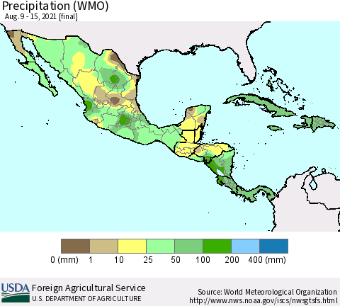 Mexico Central America and the Caribbean Precipitation (WMO) Thematic Map For 8/9/2021 - 8/15/2021