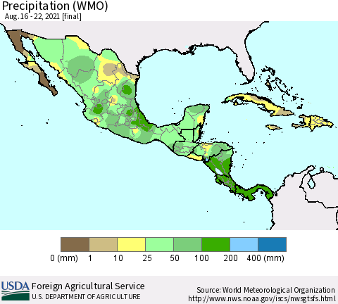 Mexico Central America and the Caribbean Precipitation (WMO) Thematic Map For 8/16/2021 - 8/22/2021