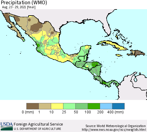 Mexico Central America and the Caribbean Precipitation (WMO) Thematic Map For 8/23/2021 - 8/29/2021