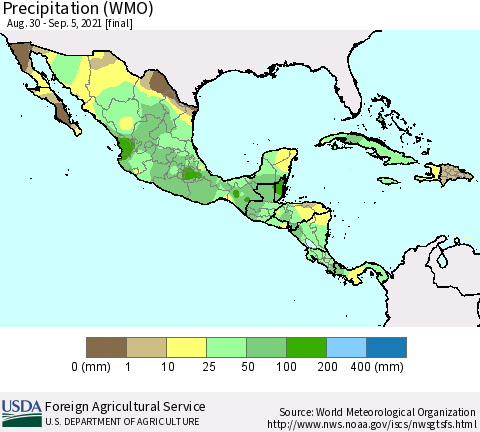 Mexico Central America and the Caribbean Precipitation (WMO) Thematic Map For 8/30/2021 - 9/5/2021