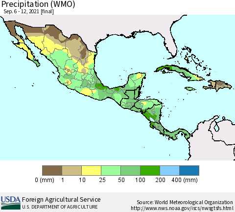 Mexico Central America and the Caribbean Precipitation (WMO) Thematic Map For 9/6/2021 - 9/12/2021