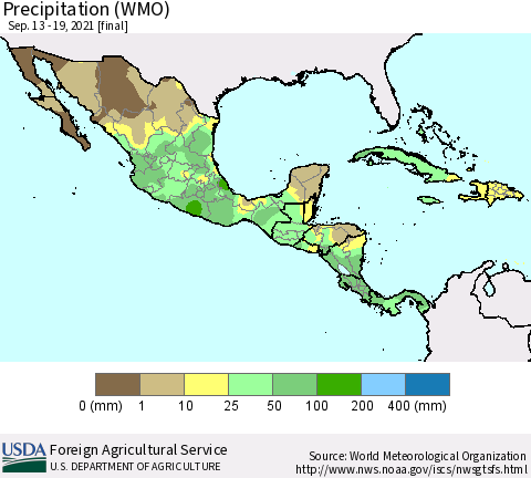 Mexico Central America and the Caribbean Precipitation (WMO) Thematic Map For 9/13/2021 - 9/19/2021
