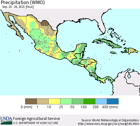 Mexico Central America and the Caribbean Precipitation (WMO) Thematic Map For 9/20/2021 - 9/26/2021