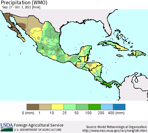 Mexico Central America and the Caribbean Precipitation (WMO) Thematic Map For 9/27/2021 - 10/3/2021