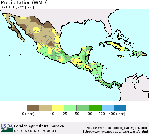 Mexico Central America and the Caribbean Precipitation (WMO) Thematic Map For 10/4/2021 - 10/10/2021
