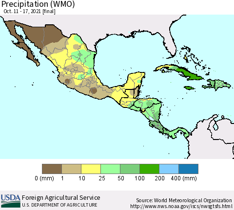 Mexico Central America and the Caribbean Precipitation (WMO) Thematic Map For 10/11/2021 - 10/17/2021