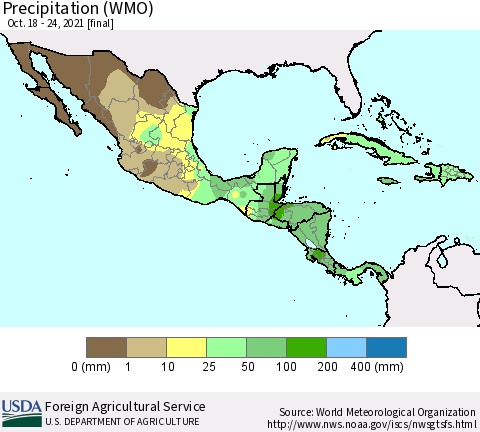 Mexico Central America and the Caribbean Precipitation (WMO) Thematic Map For 10/18/2021 - 10/24/2021