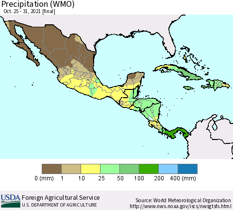 Mexico Central America and the Caribbean Precipitation (WMO) Thematic Map For 10/25/2021 - 10/31/2021