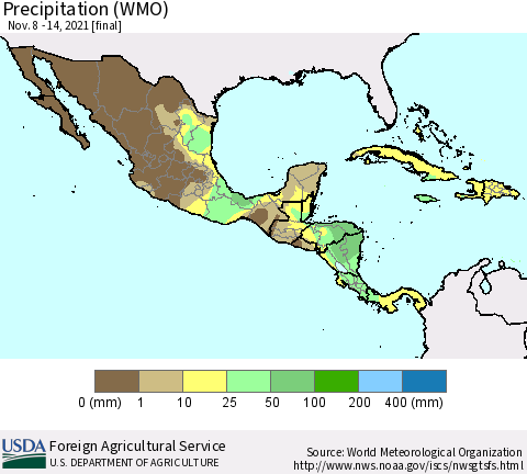 Mexico Central America and the Caribbean Precipitation (WMO) Thematic Map For 11/8/2021 - 11/14/2021