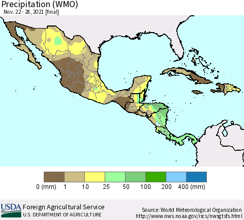 Mexico Central America and the Caribbean Precipitation (WMO) Thematic Map For 11/22/2021 - 11/28/2021