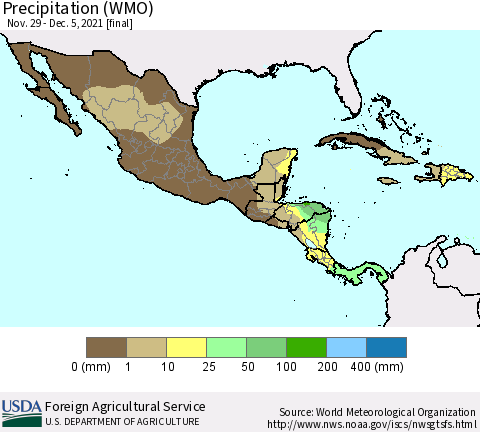Mexico Central America and the Caribbean Precipitation (WMO) Thematic Map For 11/29/2021 - 12/5/2021