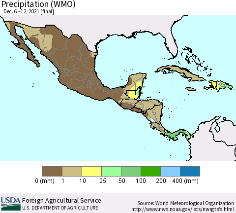 Mexico Central America and the Caribbean Precipitation (WMO) Thematic Map For 12/6/2021 - 12/12/2021