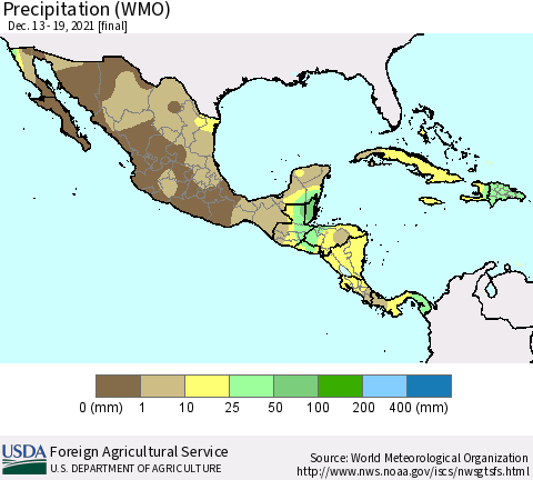Mexico Central America and the Caribbean Precipitation (WMO) Thematic Map For 12/13/2021 - 12/19/2021